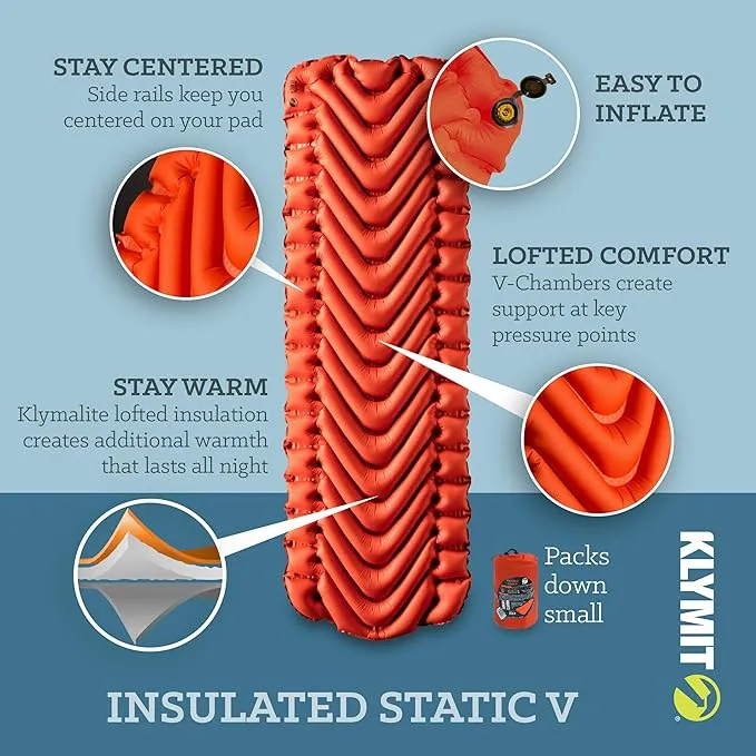 Klymit Static V Inflatable Camping Pad and Sheet for Hiking and Backpacking, Orange