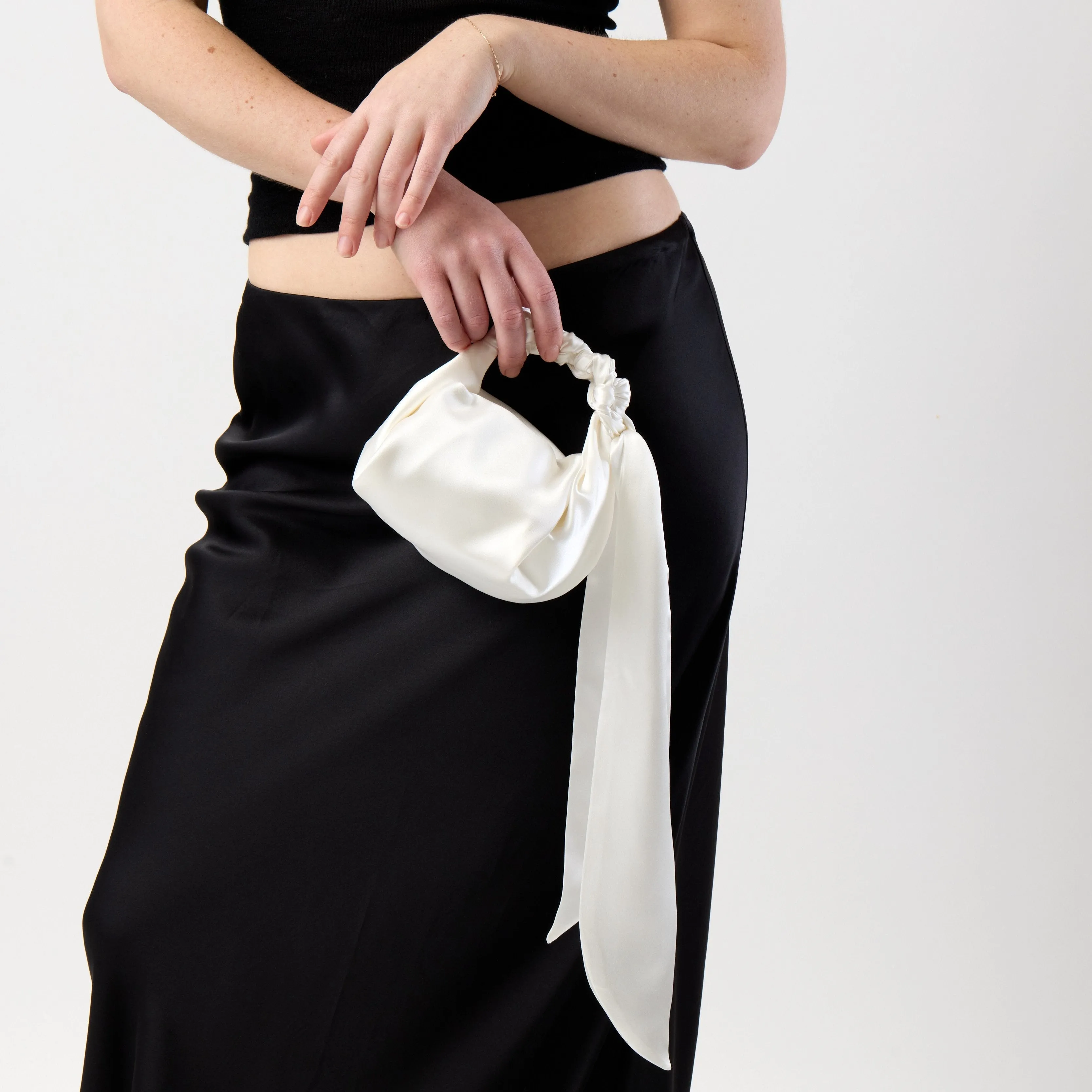 Knotted Handle Bag - Ivory or White Silk Satin