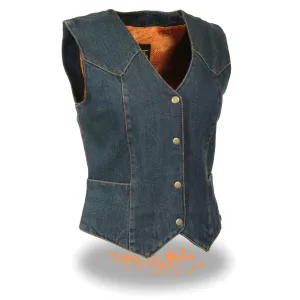 Ladies Plain Side 3 Snap Front Denim Vest