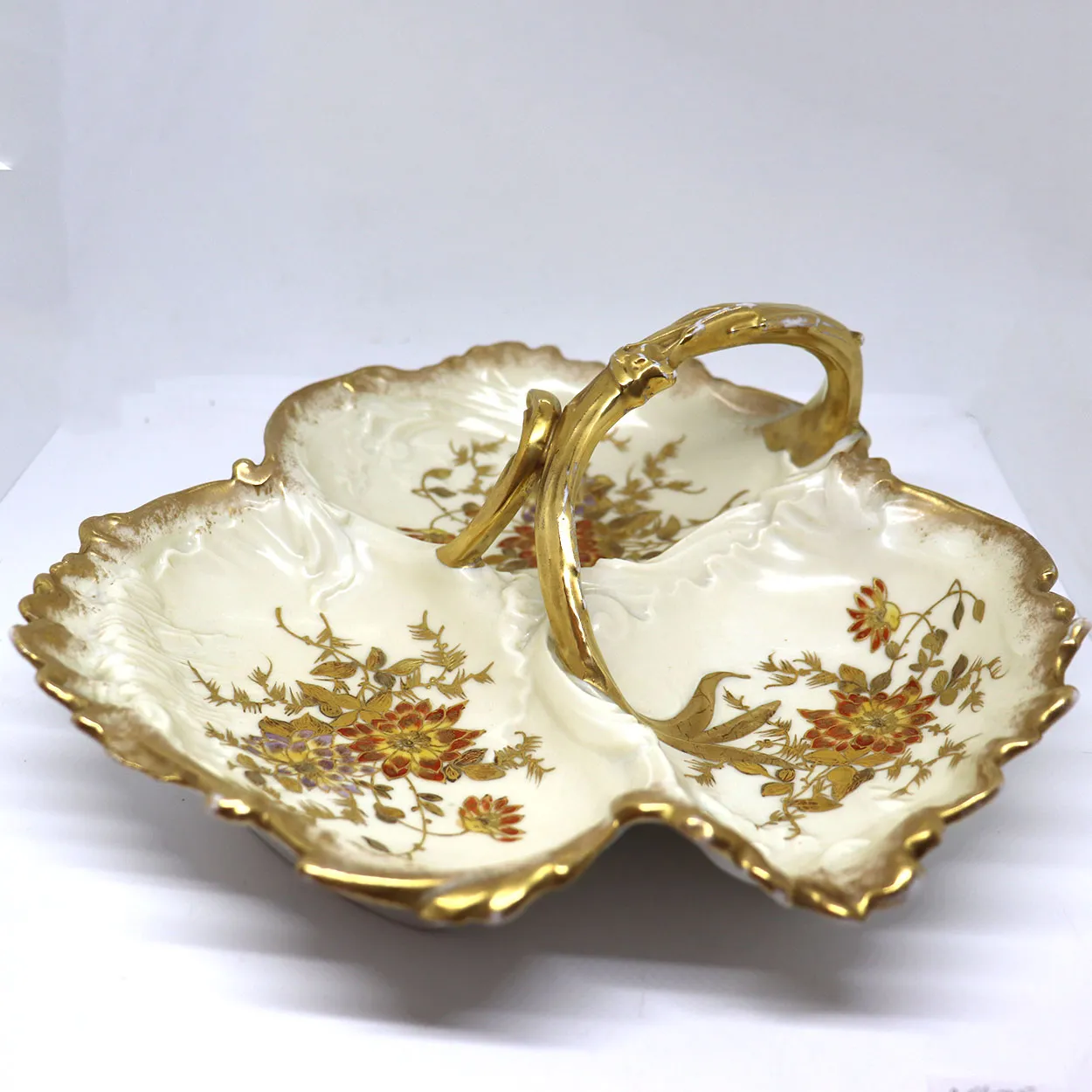Large French J. C. Limoges Gilt Porcelain Divided Serving Dish / Basket