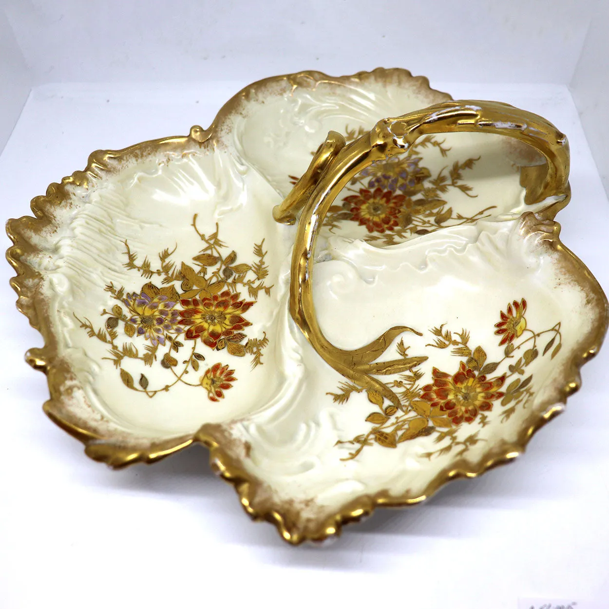 Large French J. C. Limoges Gilt Porcelain Divided Serving Dish / Basket