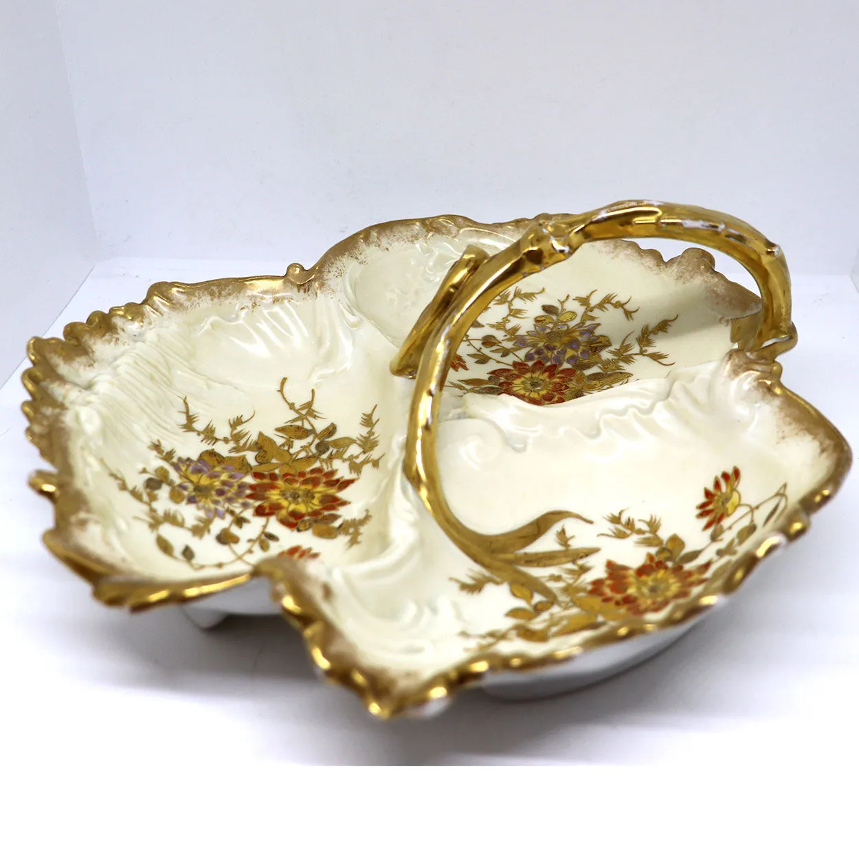 Large French J. C. Limoges Gilt Porcelain Divided Serving Dish / Basket