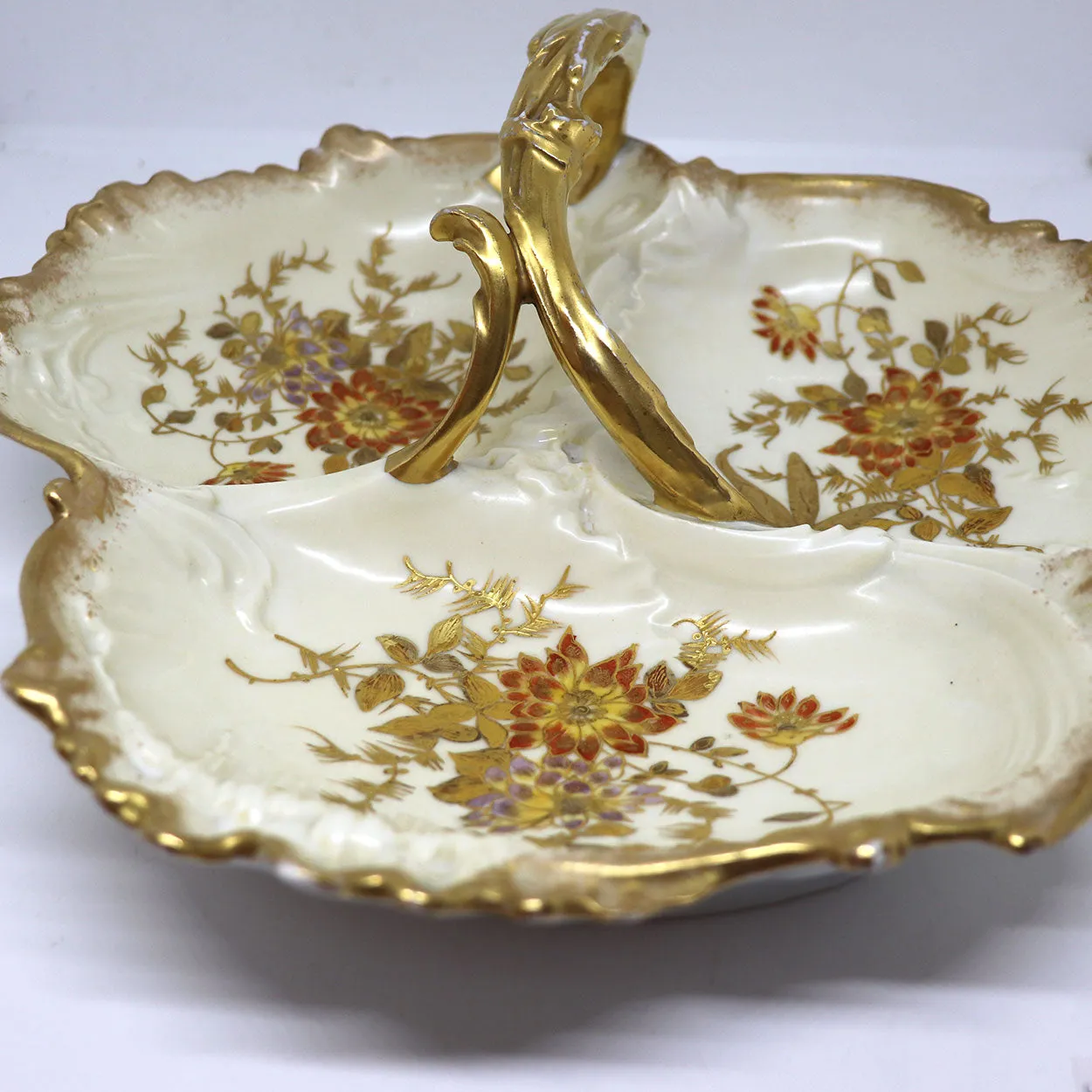Large French J. C. Limoges Gilt Porcelain Divided Serving Dish / Basket