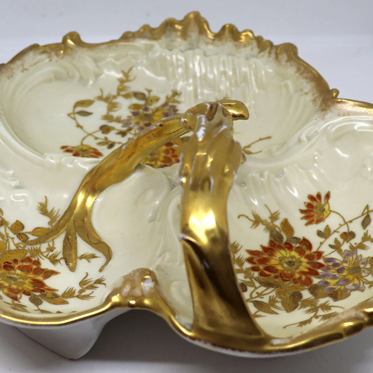 Large French J. C. Limoges Gilt Porcelain Divided Serving Dish / Basket