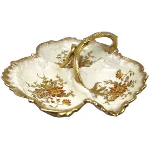 Large French J. C. Limoges Gilt Porcelain Divided Serving Dish / Basket