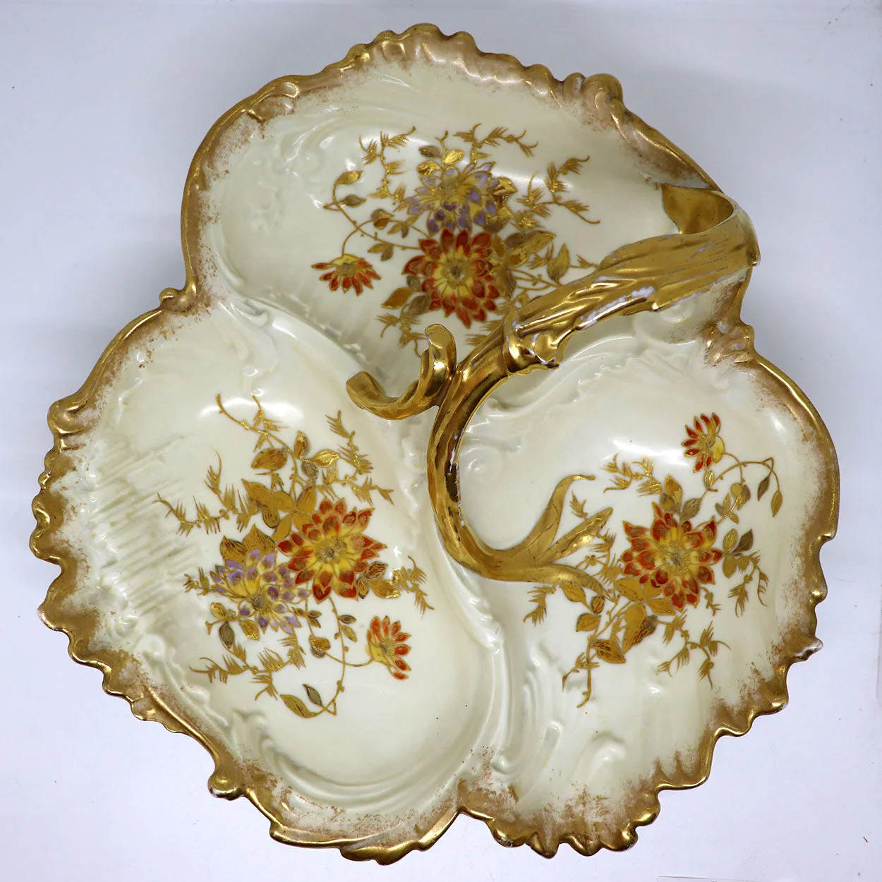 Large French J. C. Limoges Gilt Porcelain Divided Serving Dish / Basket