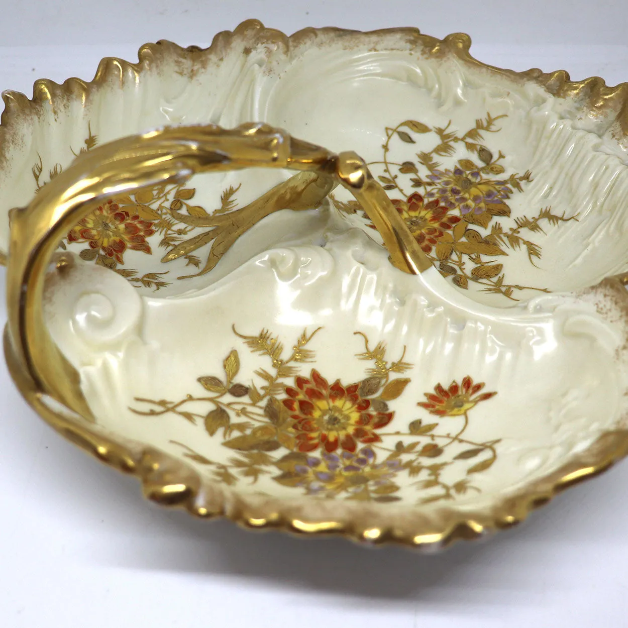 Large French J. C. Limoges Gilt Porcelain Divided Serving Dish / Basket