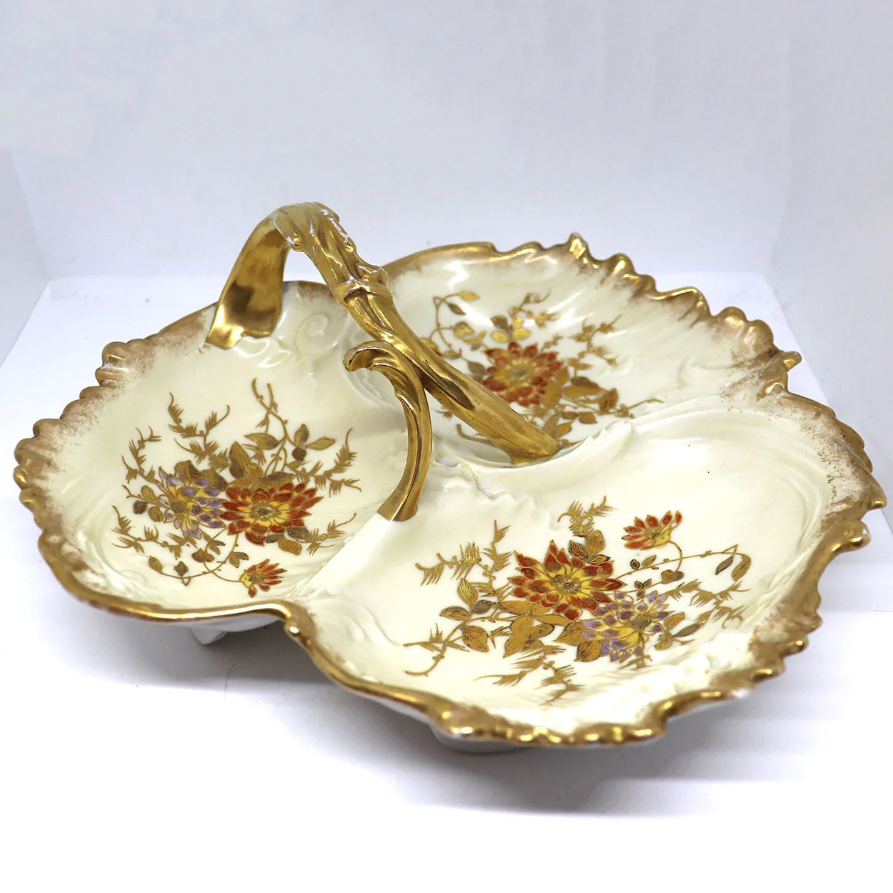 Large French J. C. Limoges Gilt Porcelain Divided Serving Dish / Basket