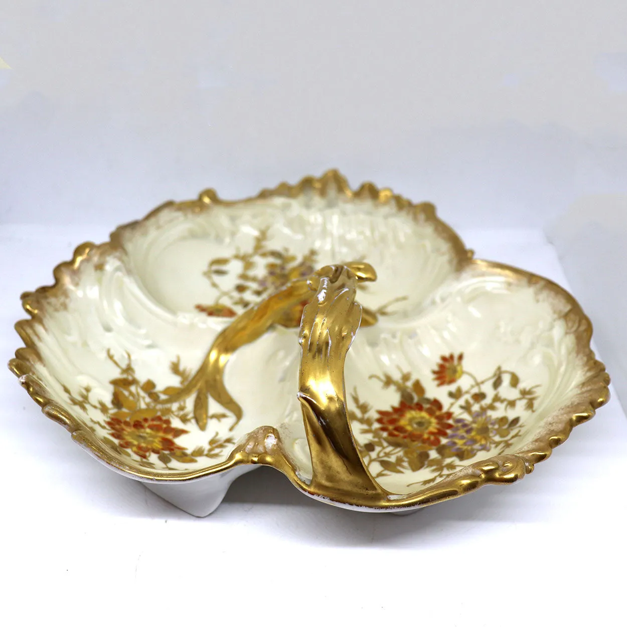 Large French J. C. Limoges Gilt Porcelain Divided Serving Dish / Basket