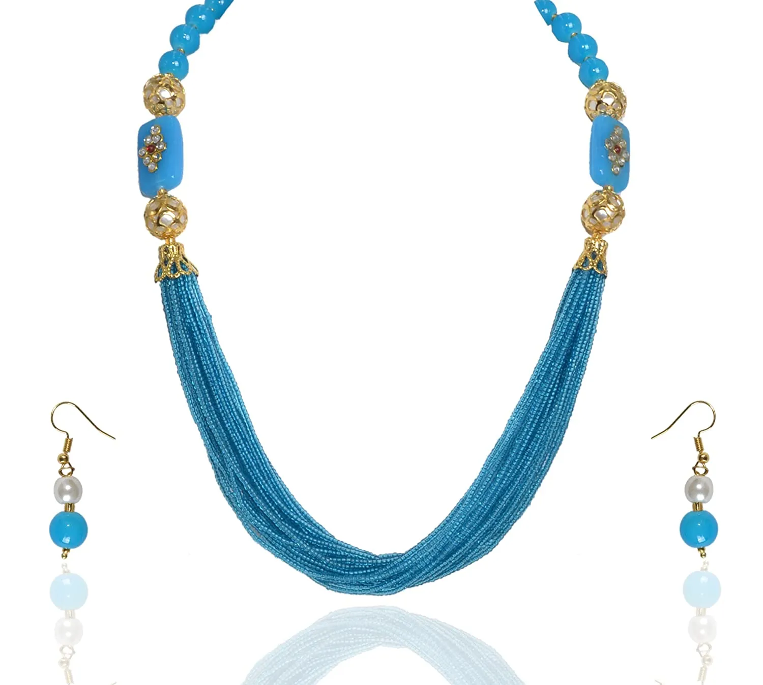Latest Short Necklace Set Designs in Gold Finish Kundan Polki Pendent Pearls & Beads Necklace & Earrings