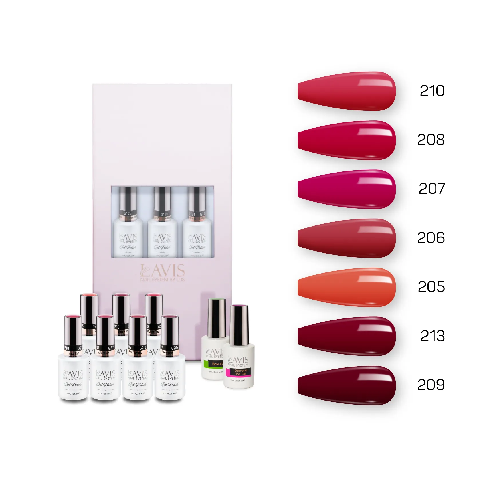 Lavis Holiday Collection: 7 Gel Polishes, 1 Base Gel, 1 Top Gel - Set 22 - 210, 208, 207, 206, 205, 213, 209   BT