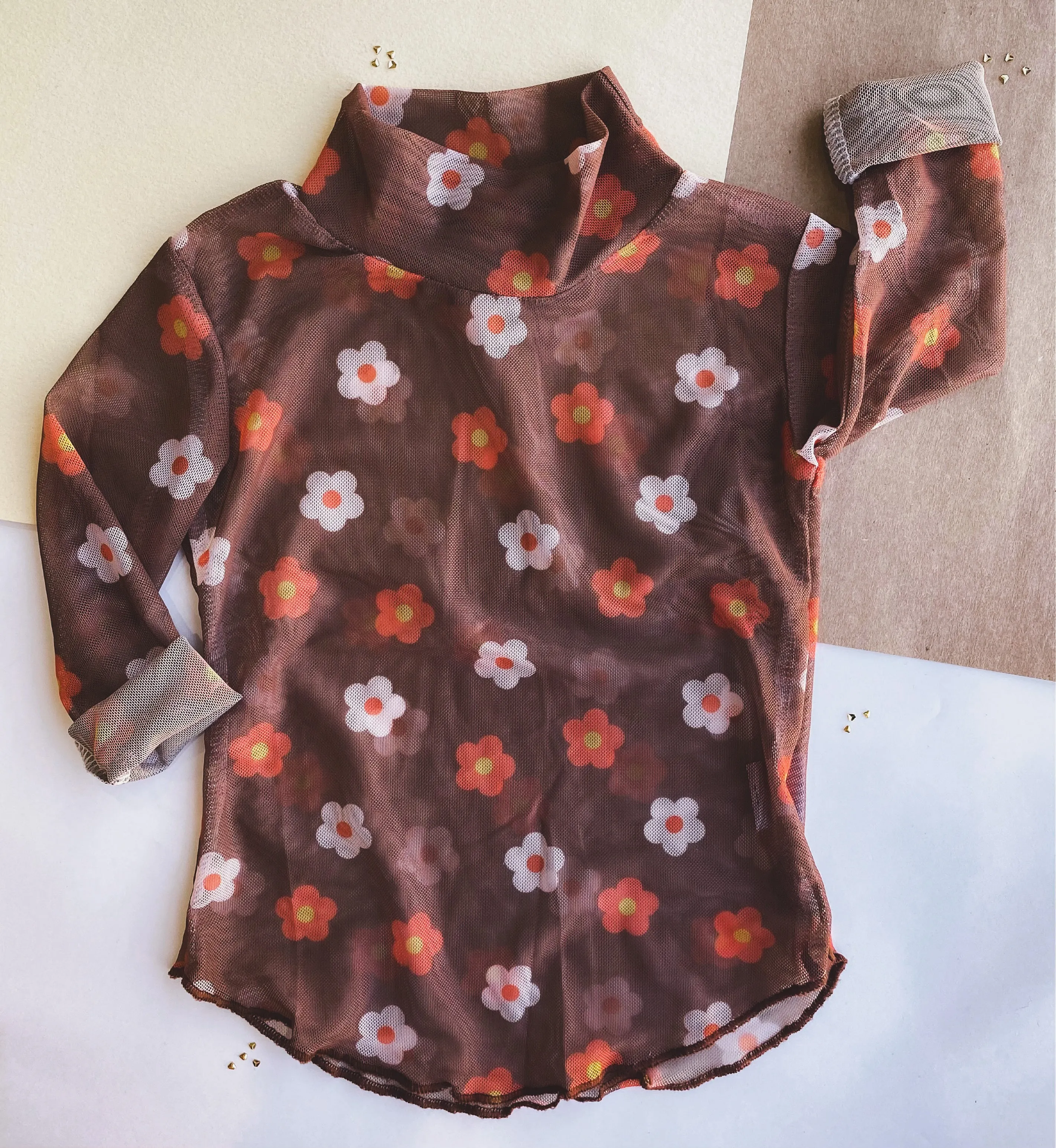 layering mesh top - brown floral