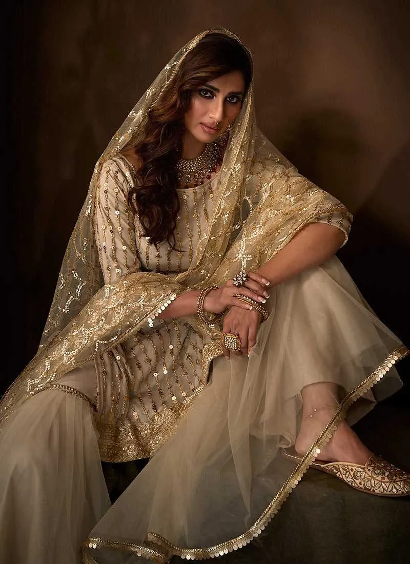 Light Beige Sequins Work Embroidered Gharara Style Suit