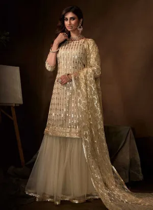 Light Beige Sequins Work Embroidered Gharara Style Suit