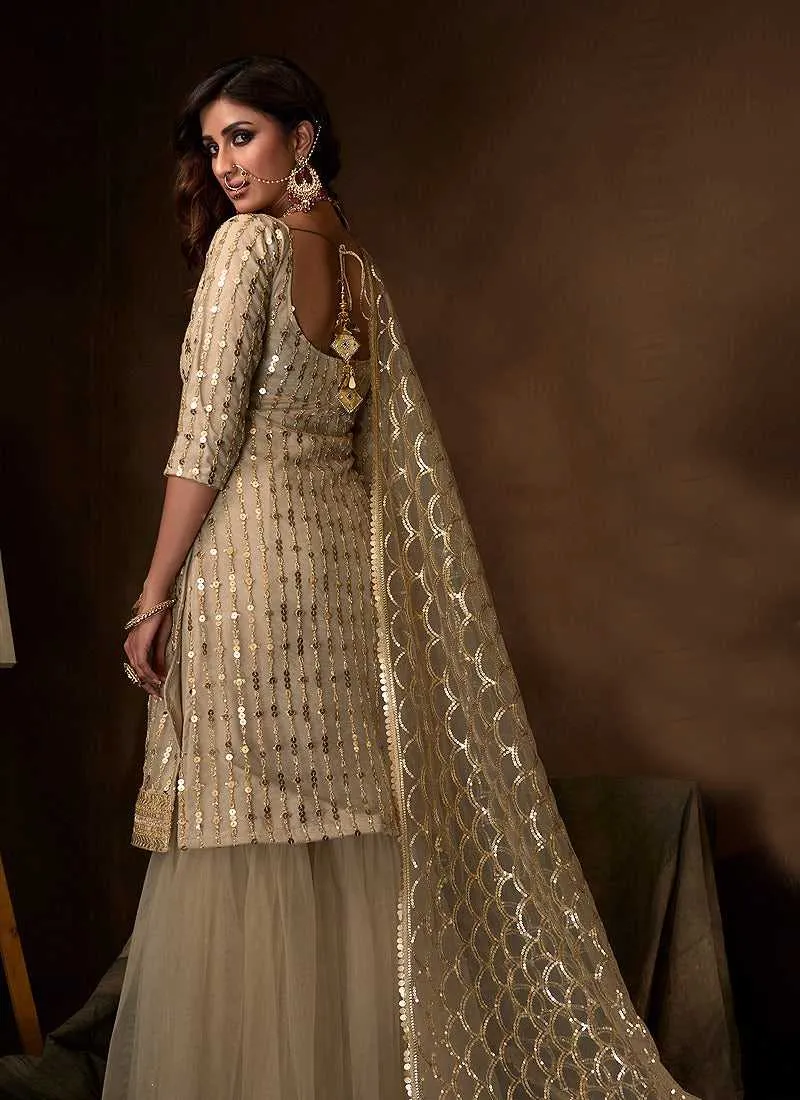 Light Beige Sequins Work Embroidered Gharara Style Suit
