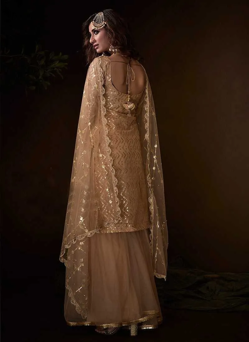 Light Peach Sequins Work Embroidered Gharara Style Suit