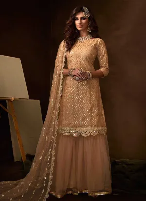 Light Peach Sequins Work Embroidered Gharara Style Suit