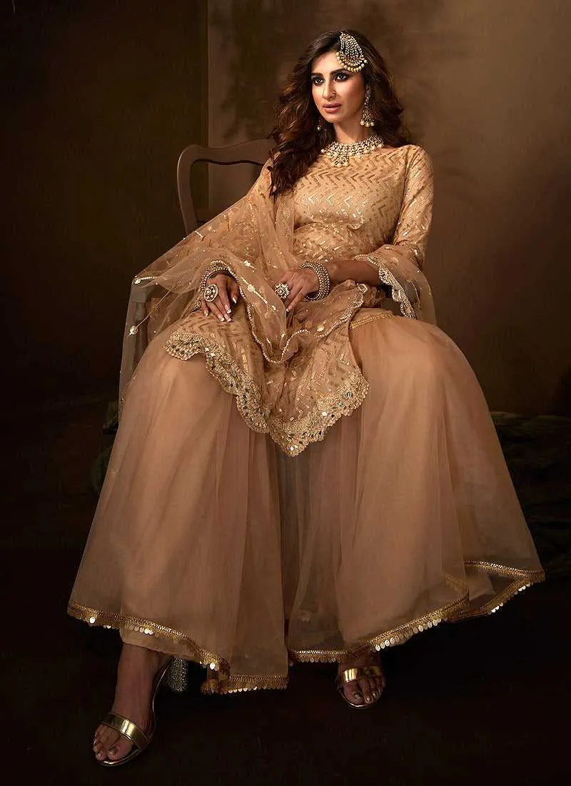 Light Peach Sequins Work Embroidered Gharara Style Suit