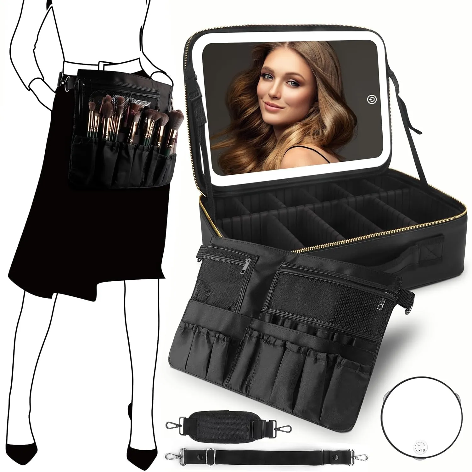 Makeup Bag with Mirror and Light Travel Makeup Train Case Cosmetic Organizer Portable Artist Storage Bag with Adjustable Dividers Makeup Brushes Storage Organizer Black