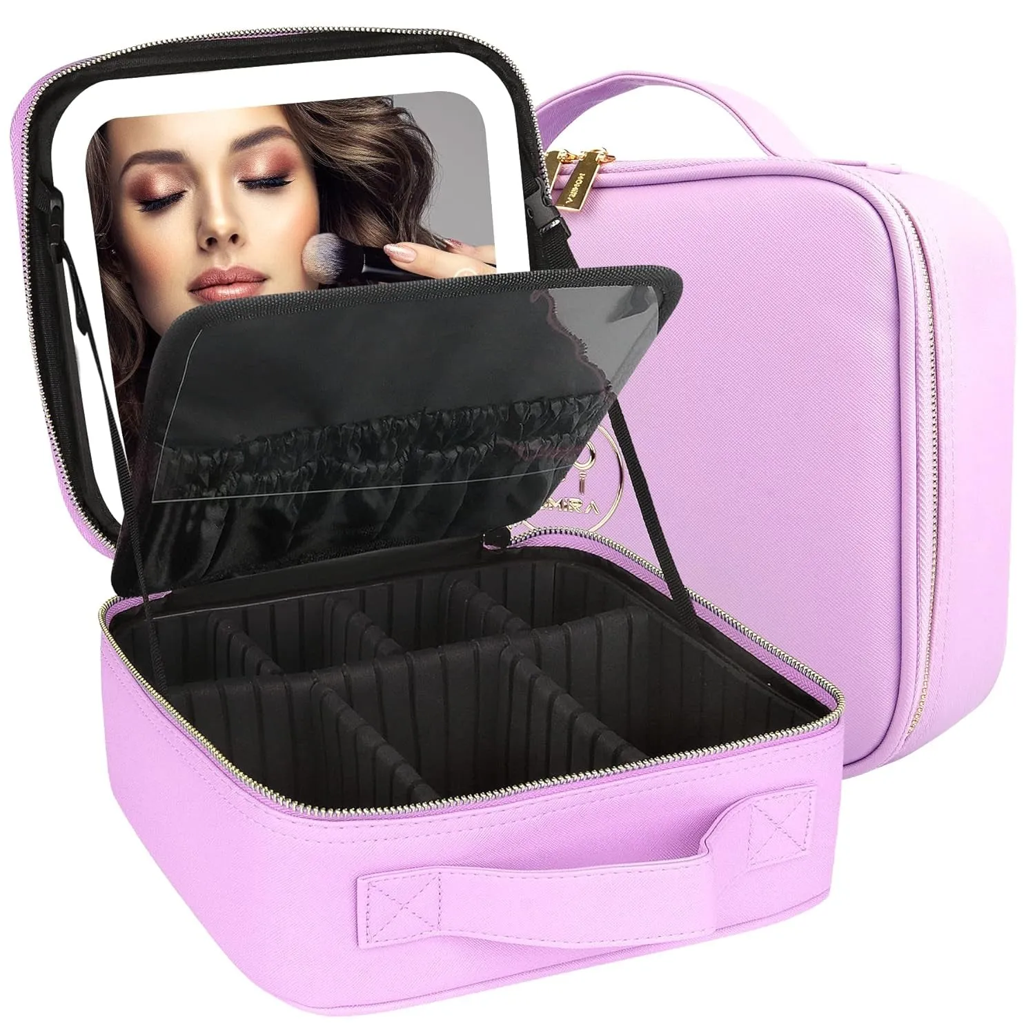 Makeup Bag with Mirror and Light Travel Makeup Train Case Cosmetic Organizer Portable Artist Storage Bag with Adjustable Dividers Makeup Brushes Storage Organizer Black