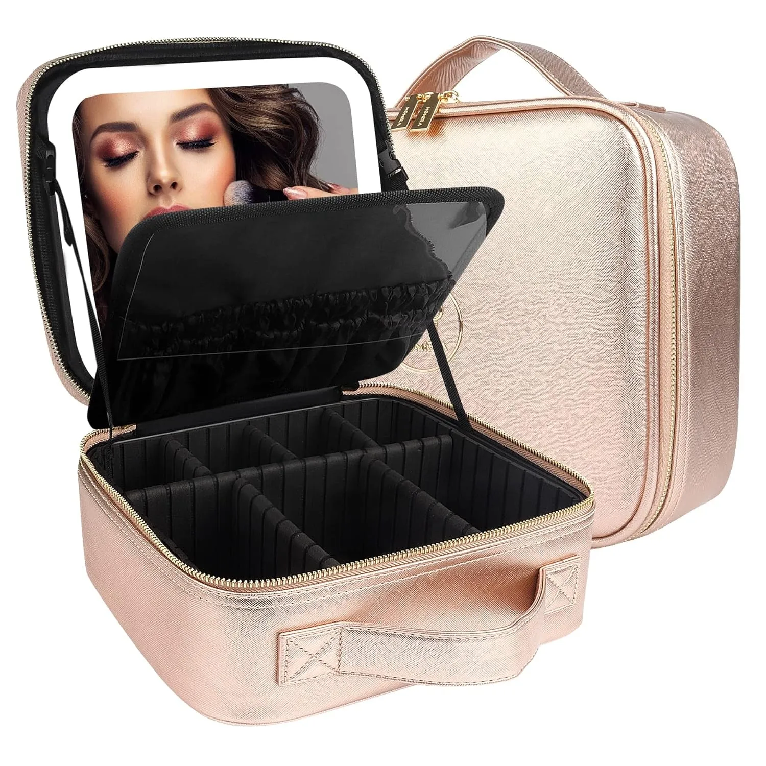 Makeup Bag with Mirror and Light Travel Makeup Train Case Cosmetic Organizer Portable Artist Storage Bag with Adjustable Dividers Makeup Brushes Storage Organizer Black