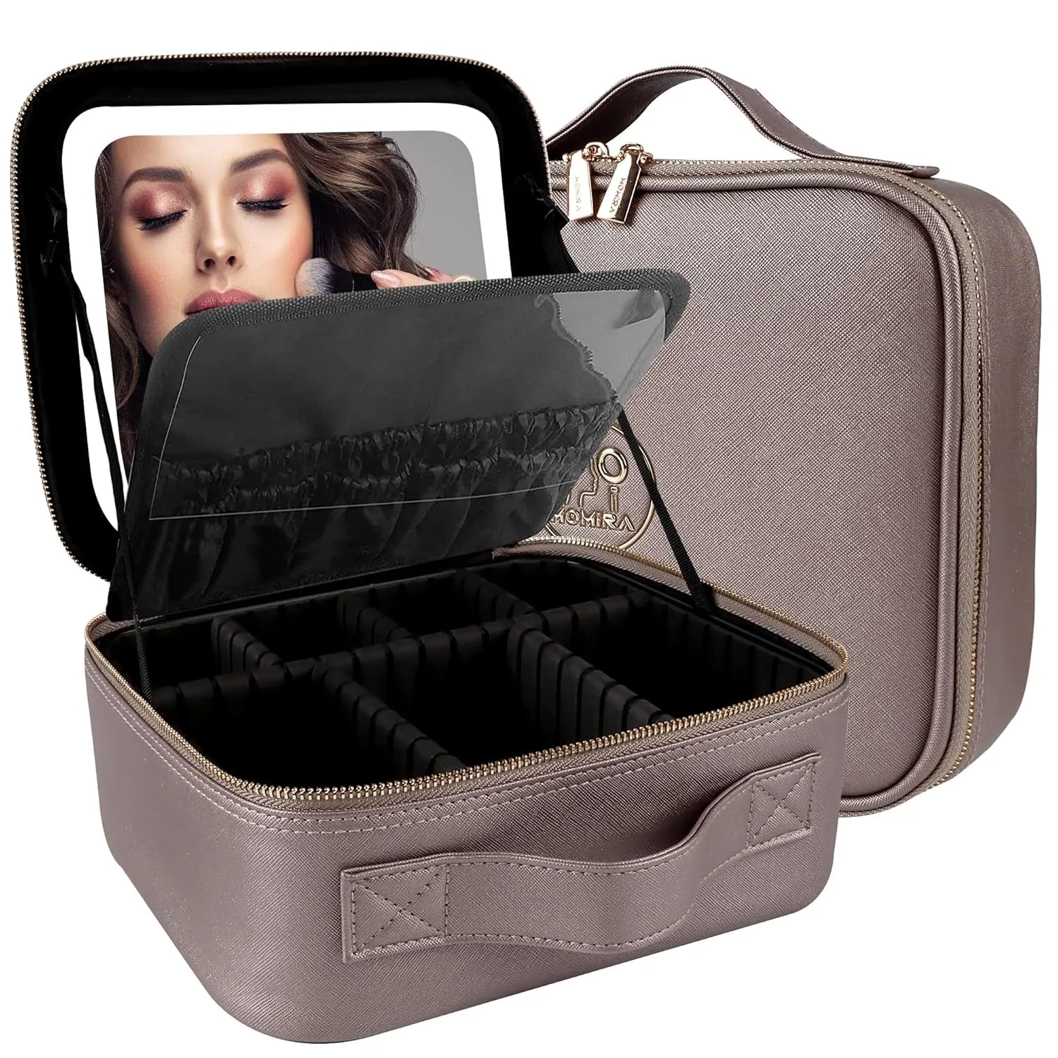 Makeup Bag with Mirror and Light Travel Makeup Train Case Cosmetic Organizer Portable Artist Storage Bag with Adjustable Dividers Makeup Brushes Storage Organizer Black