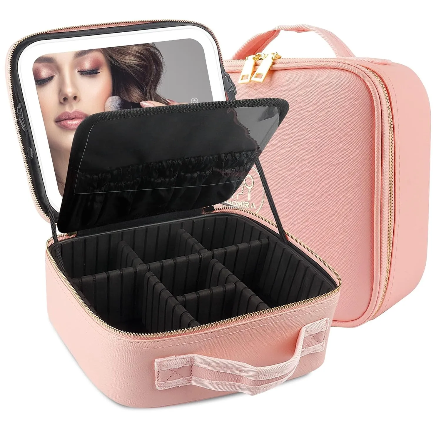Makeup Bag with Mirror and Light Travel Makeup Train Case Cosmetic Organizer Portable Artist Storage Bag with Adjustable Dividers Makeup Brushes Storage Organizer Black