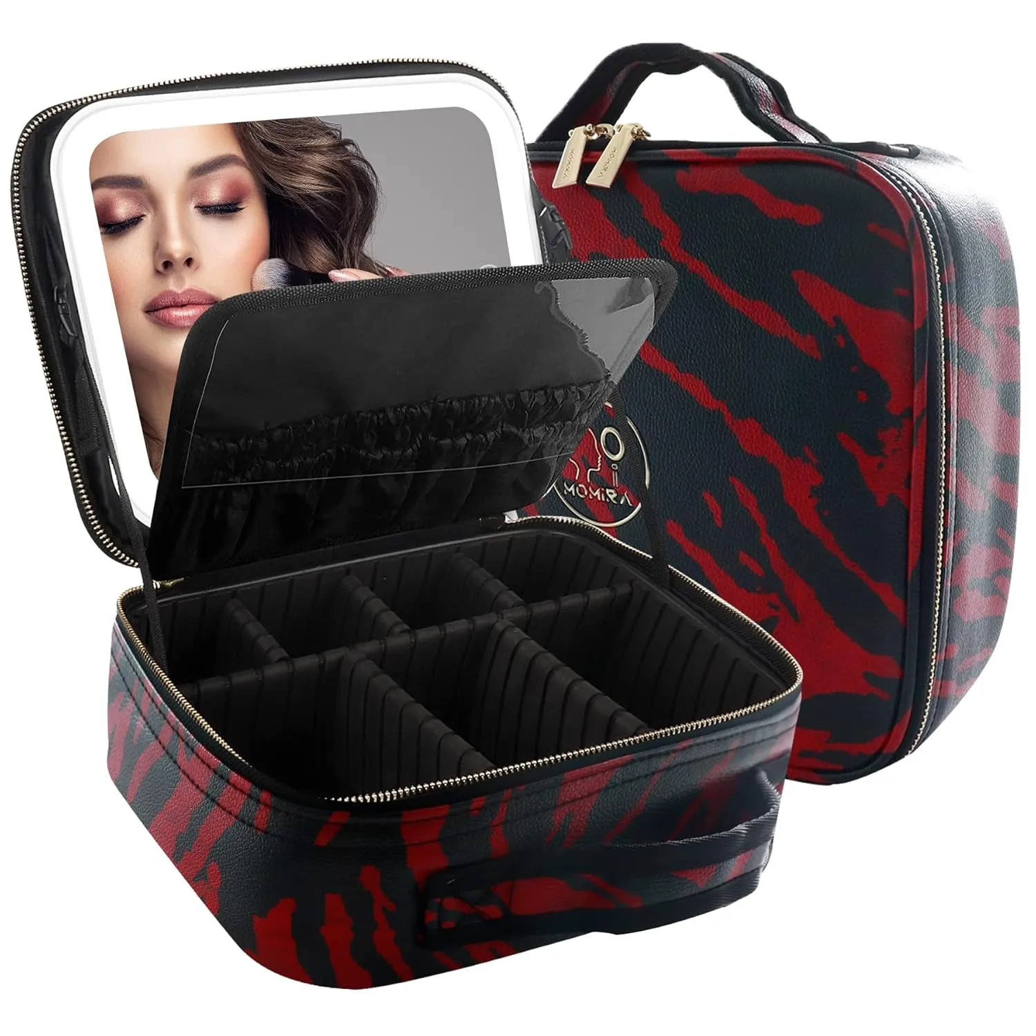 Makeup Bag with Mirror and Light Travel Makeup Train Case Cosmetic Organizer Portable Artist Storage Bag with Adjustable Dividers Makeup Brushes Storage Organizer Black