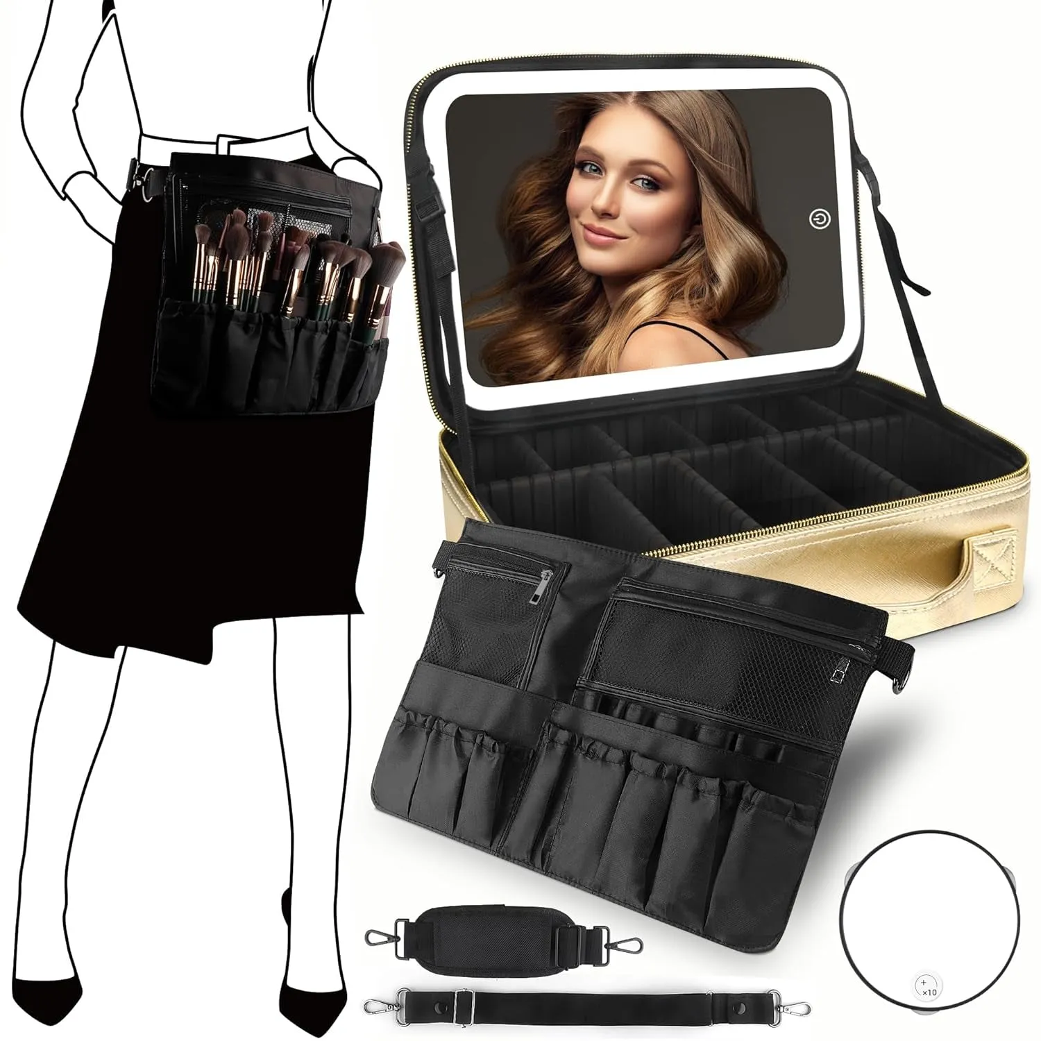 Makeup Bag with Mirror and Light Travel Makeup Train Case Cosmetic Organizer Portable Artist Storage Bag with Adjustable Dividers Makeup Brushes Storage Organizer Black