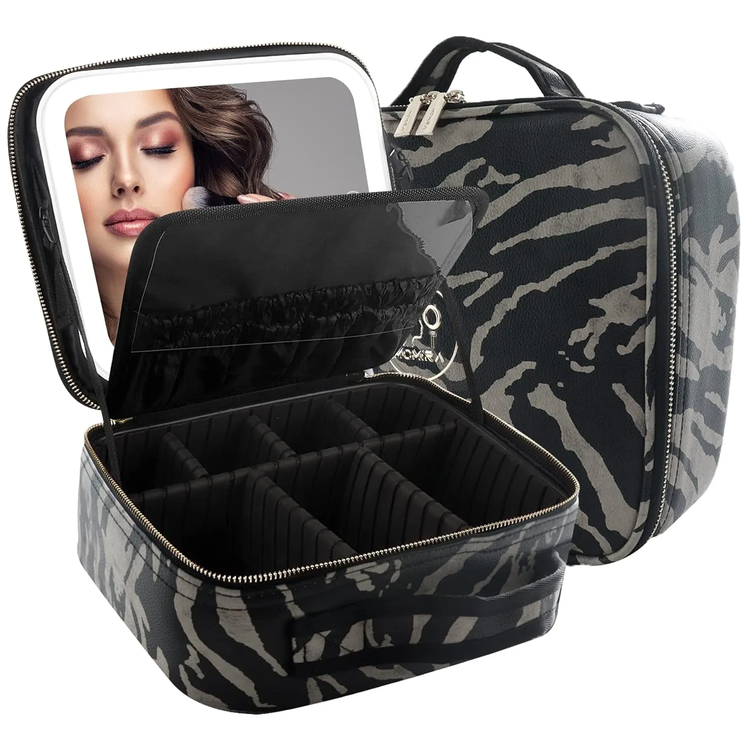 Makeup Bag with Mirror and Light Travel Makeup Train Case Cosmetic Organizer Portable Artist Storage Bag with Adjustable Dividers Makeup Brushes Storage Organizer Black