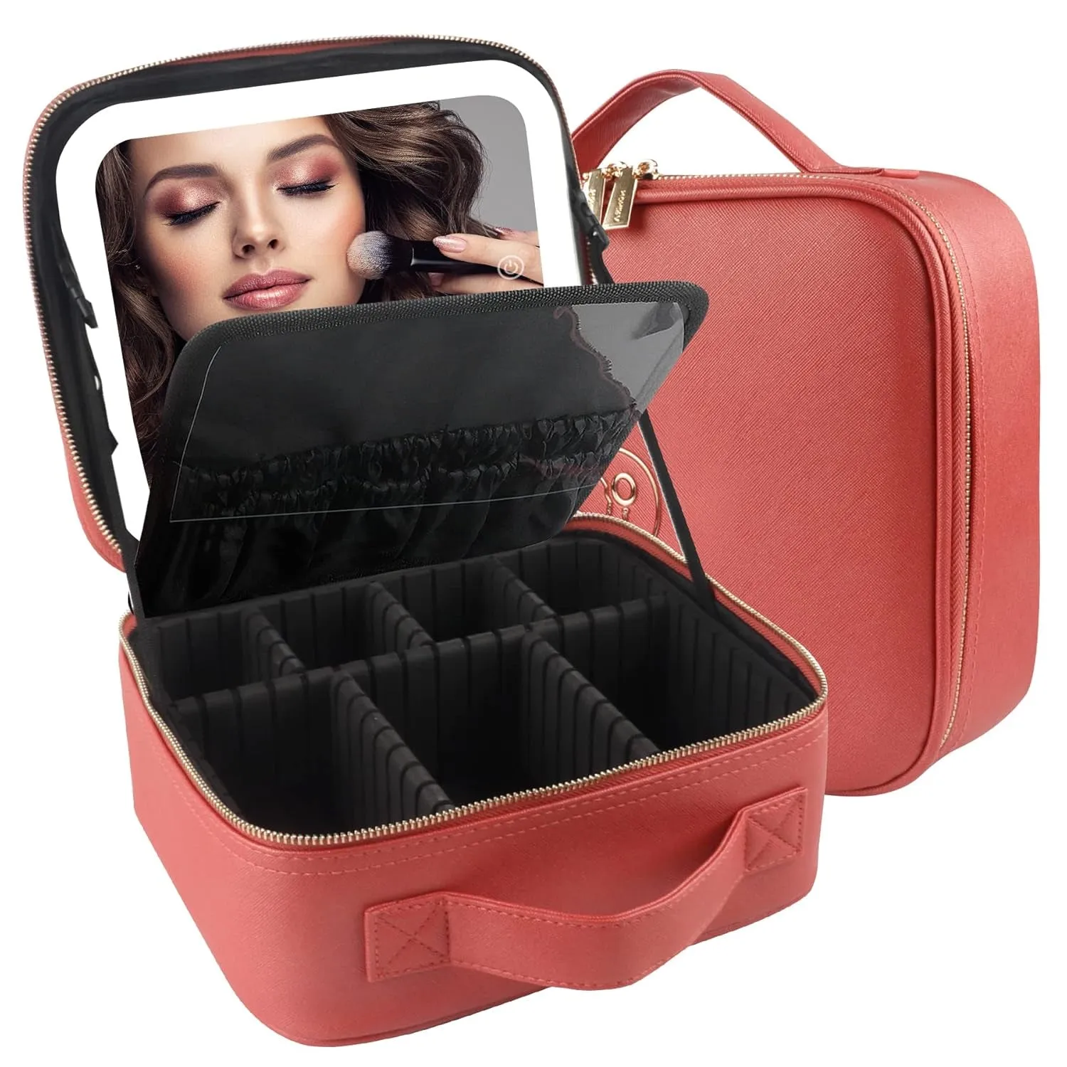 Makeup Bag with Mirror and Light Travel Makeup Train Case Cosmetic Organizer Portable Artist Storage Bag with Adjustable Dividers Makeup Brushes Storage Organizer Black