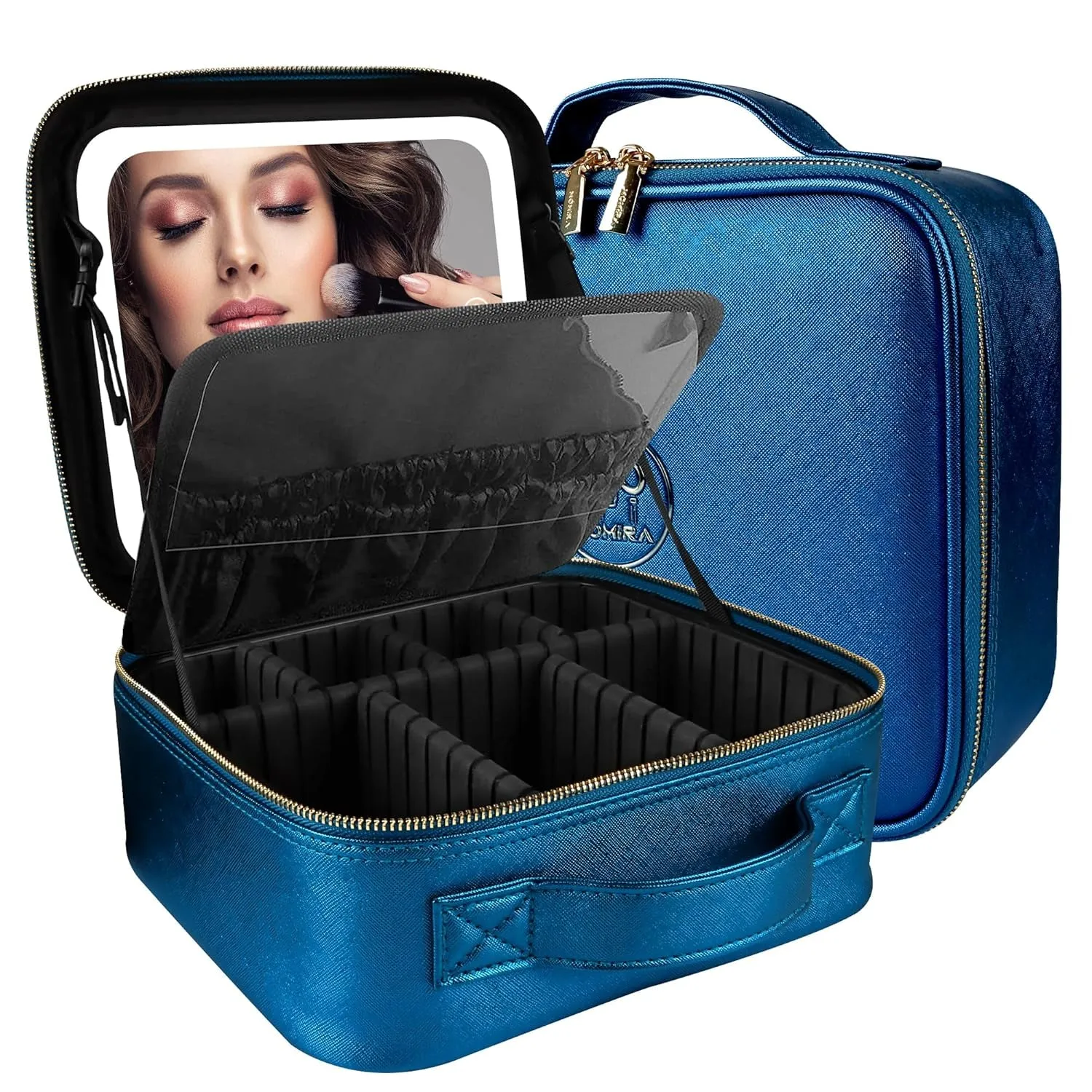 Makeup Bag with Mirror and Light Travel Makeup Train Case Cosmetic Organizer Portable Artist Storage Bag with Adjustable Dividers Makeup Brushes Storage Organizer Black