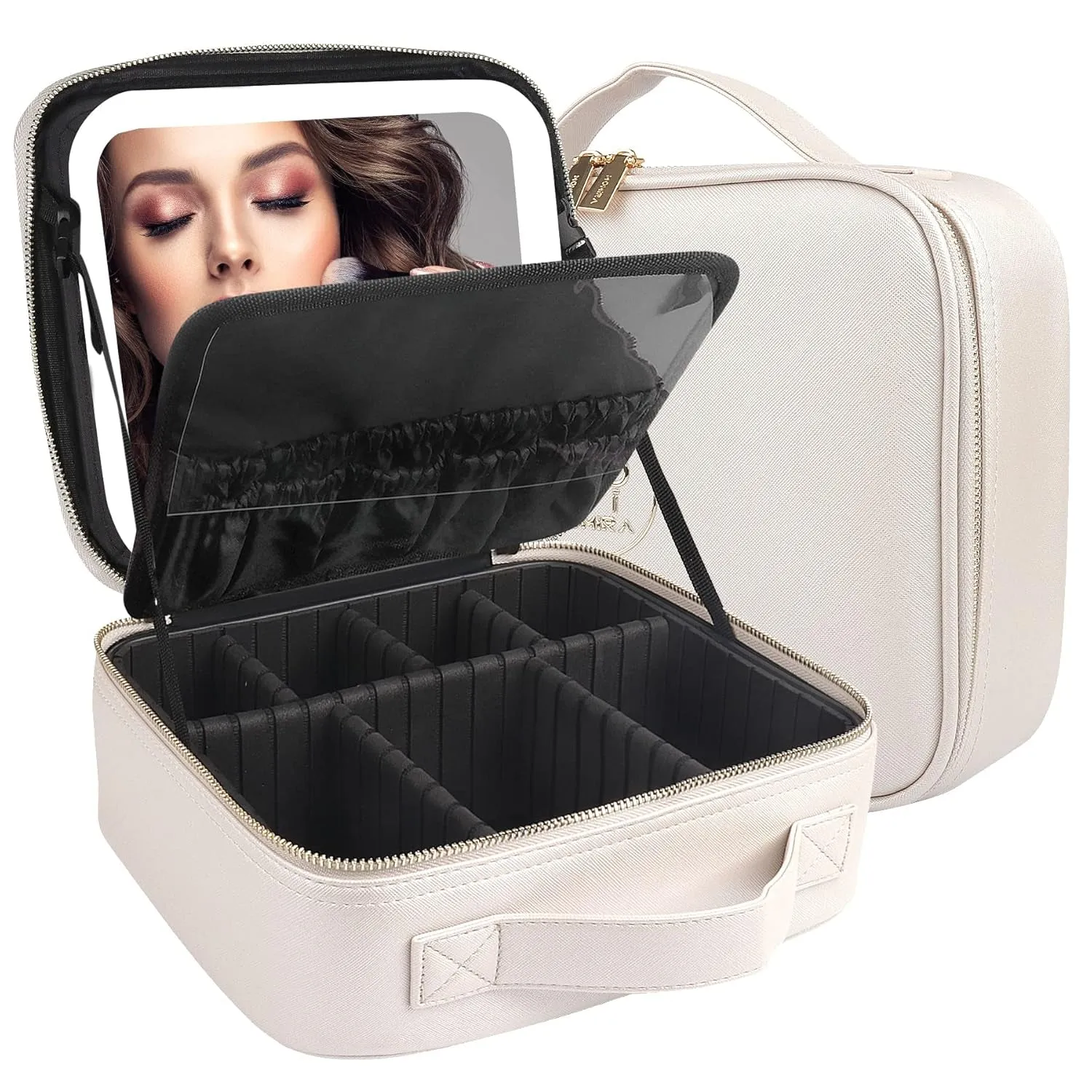 Makeup Bag with Mirror and Light Travel Makeup Train Case Cosmetic Organizer Portable Artist Storage Bag with Adjustable Dividers Makeup Brushes Storage Organizer Black