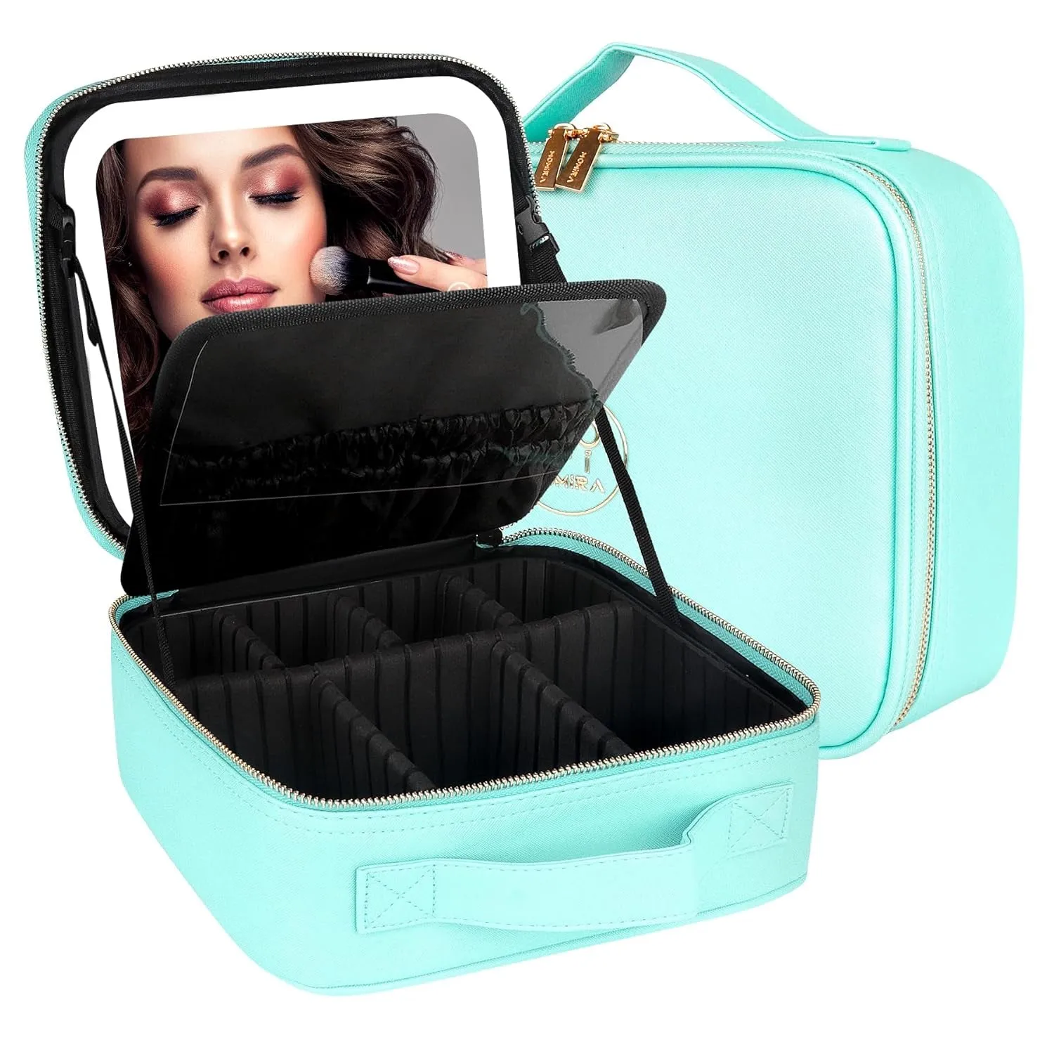 Makeup Bag with Mirror and Light Travel Makeup Train Case Cosmetic Organizer Portable Artist Storage Bag with Adjustable Dividers Makeup Brushes Storage Organizer Black