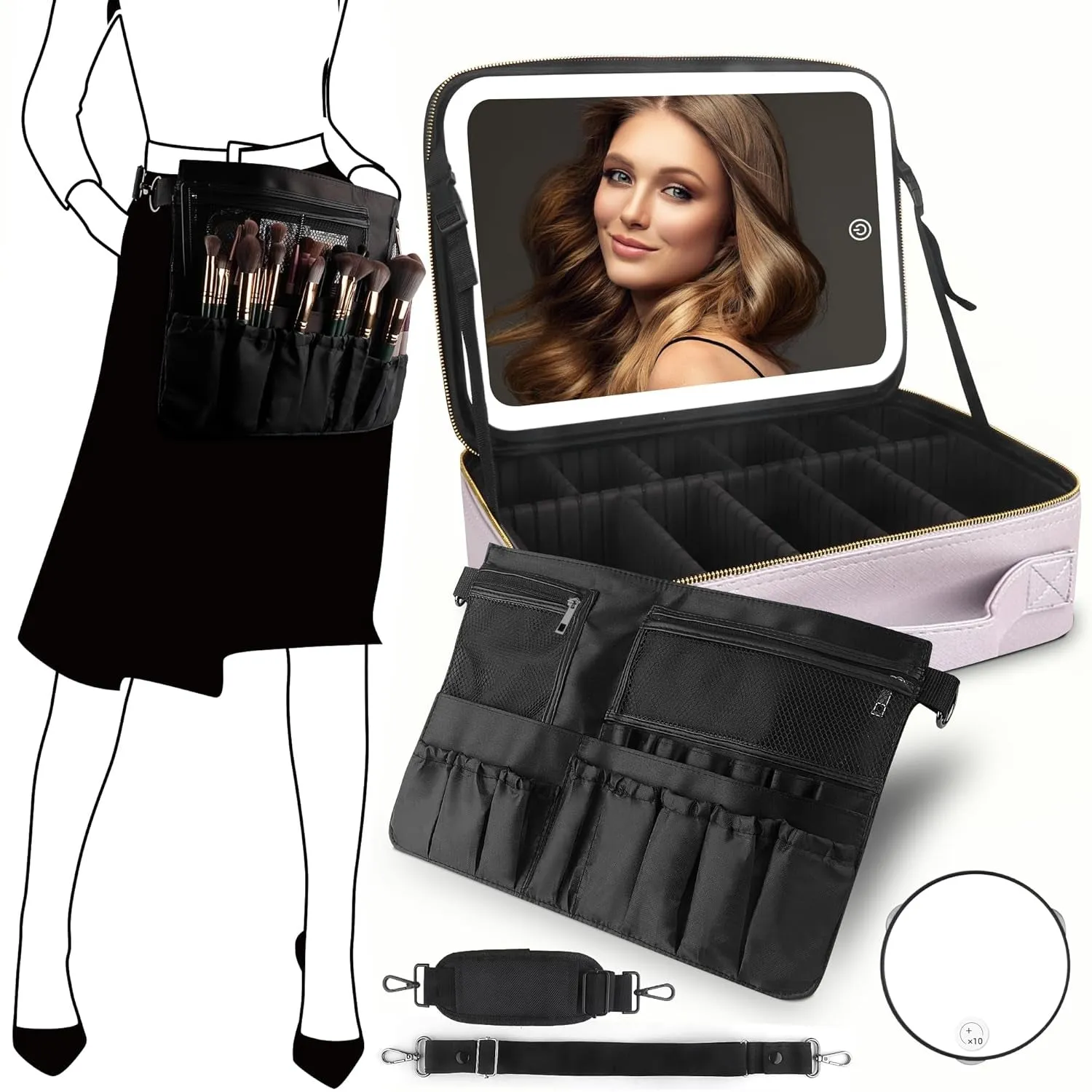Makeup Bag with Mirror and Light Travel Makeup Train Case Cosmetic Organizer Portable Artist Storage Bag with Adjustable Dividers Makeup Brushes Storage Organizer Black