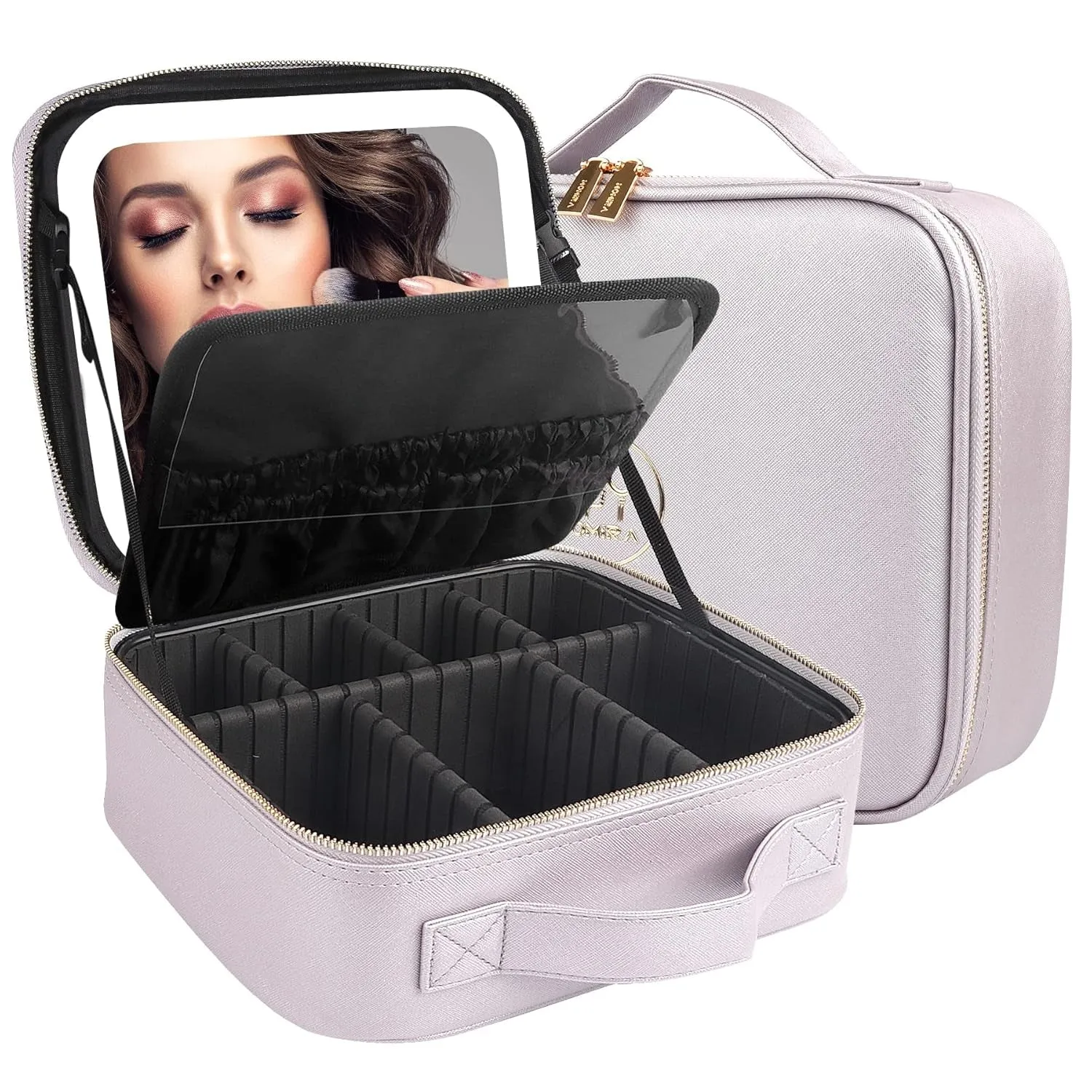 Makeup Bag with Mirror and Light Travel Makeup Train Case Cosmetic Organizer Portable Artist Storage Bag with Adjustable Dividers Makeup Brushes Storage Organizer Black