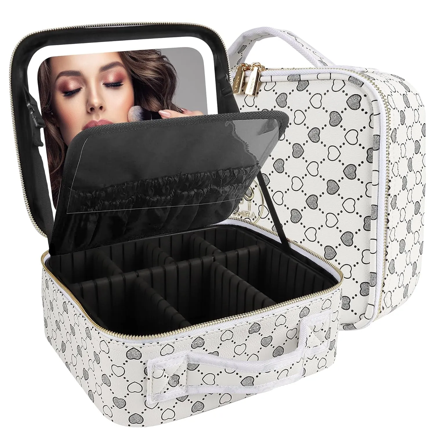 Makeup Bag with Mirror and Light Travel Makeup Train Case Cosmetic Organizer Portable Artist Storage Bag with Adjustable Dividers Makeup Brushes Storage Organizer Black