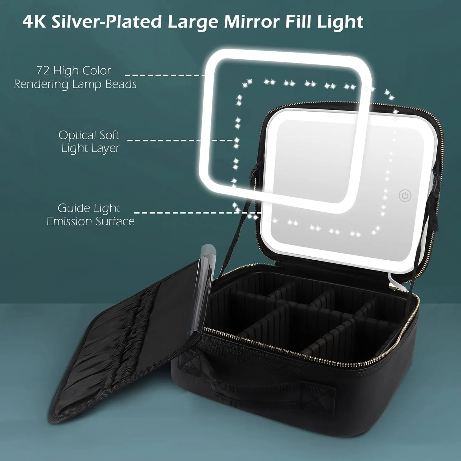 Makeup Bag with Mirror and Light Travel Makeup Train Case Cosmetic Organizer Portable Artist Storage Bag with Adjustable Dividers Makeup Brushes Storage Organizer Black