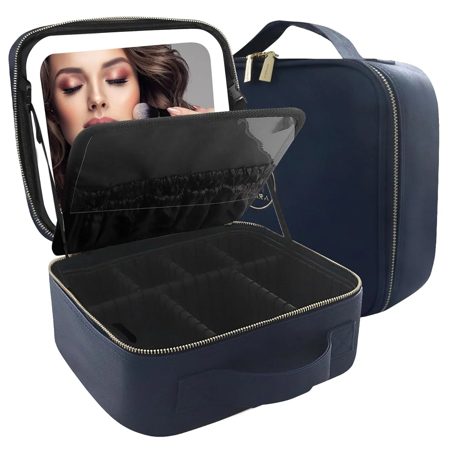 Makeup Bag with Mirror and Light Travel Makeup Train Case Cosmetic Organizer Portable Artist Storage Bag with Adjustable Dividers Makeup Brushes Storage Organizer Black
