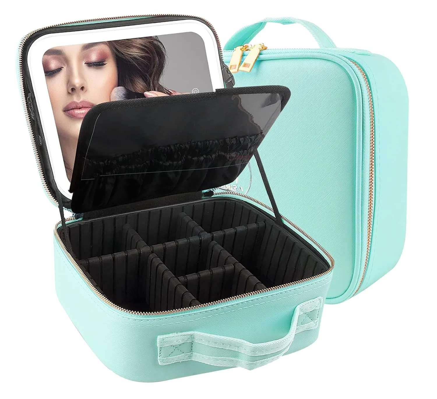 Makeup Bag with Mirror and Light Travel Makeup Train Case Cosmetic Organizer Portable Artist Storage Bag with Adjustable Dividers Makeup Brushes Storage Organizer Black