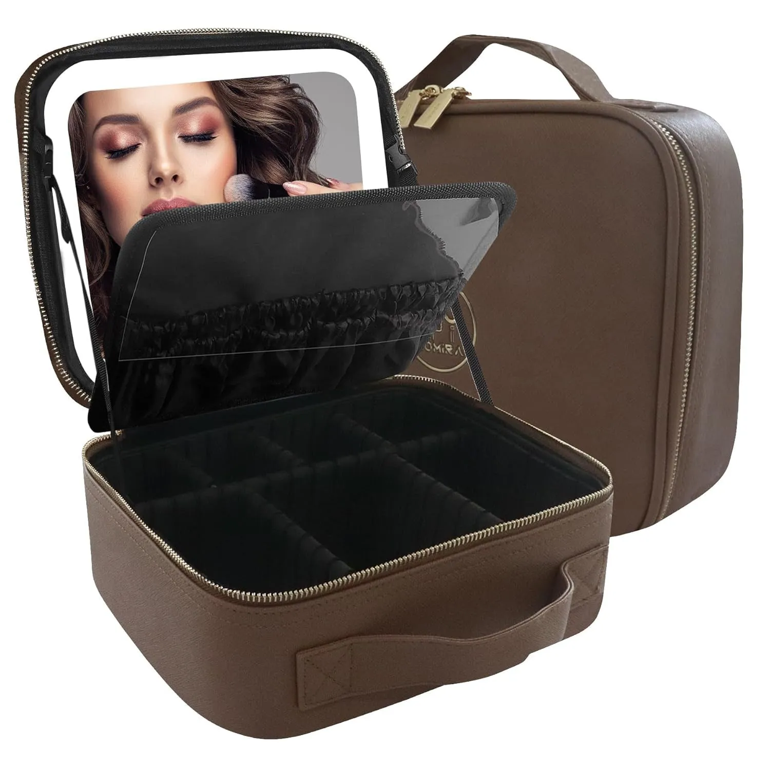 Makeup Bag with Mirror and Light Travel Makeup Train Case Cosmetic Organizer Portable Artist Storage Bag with Adjustable Dividers Makeup Brushes Storage Organizer Black