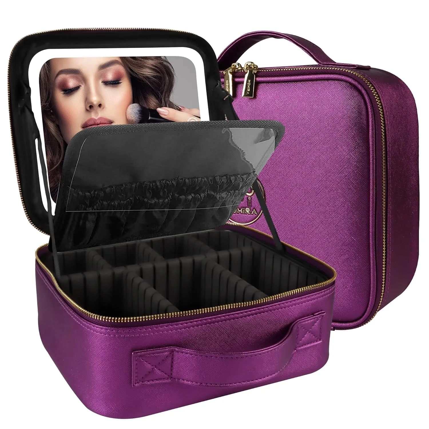 Makeup Bag with Mirror and Light Travel Makeup Train Case Cosmetic Organizer Portable Artist Storage Bag with Adjustable Dividers Makeup Brushes Storage Organizer Black