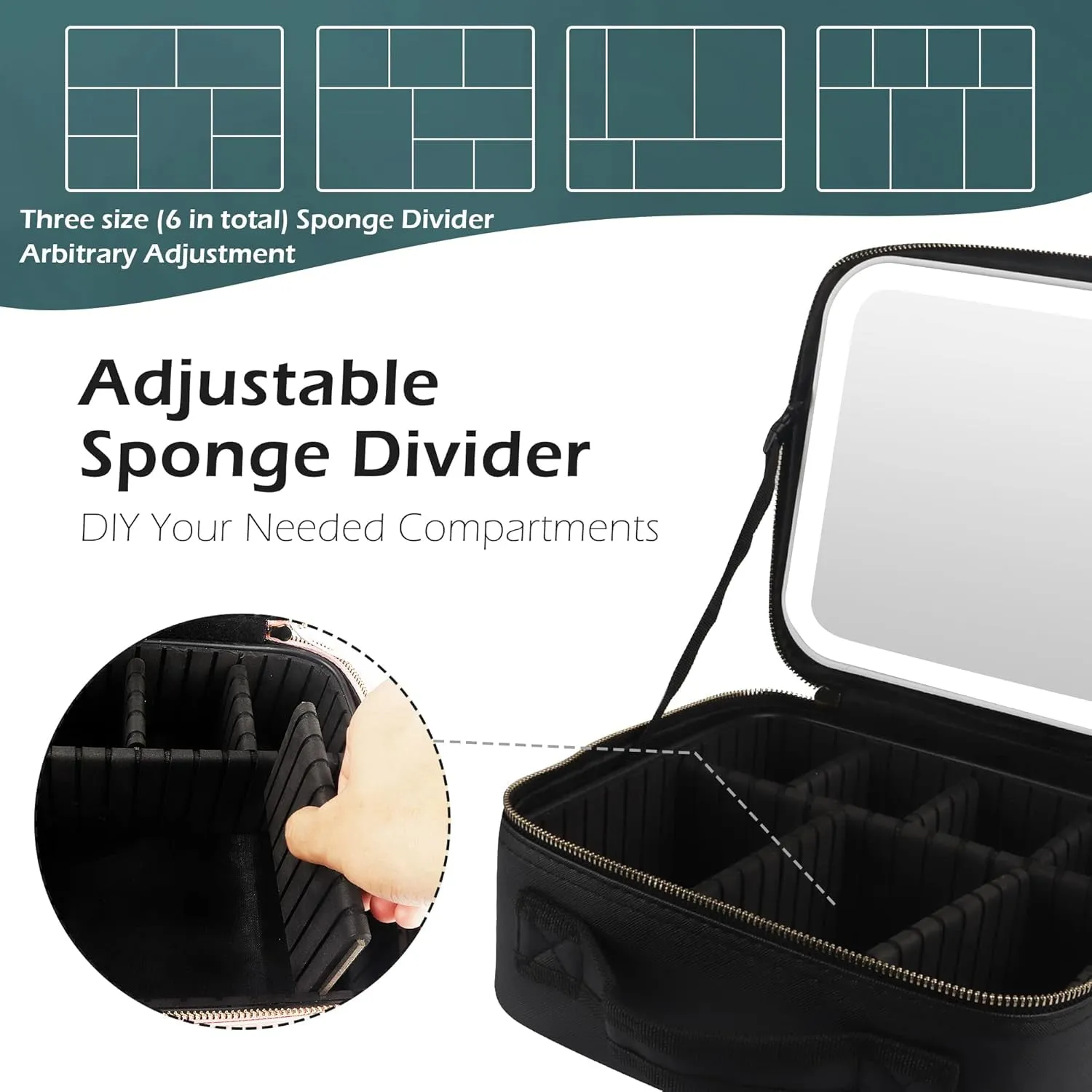 Makeup Bag with Mirror and Light Travel Makeup Train Case Cosmetic Organizer Portable Artist Storage Bag with Adjustable Dividers Makeup Brushes Storage Organizer Black