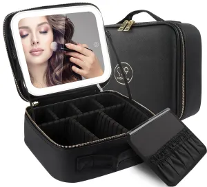 Makeup Bag with Mirror and Light Travel Makeup Train Case Cosmetic Organizer Portable Artist Storage Bag with Adjustable Dividers Makeup Brushes Storage Organizer Black