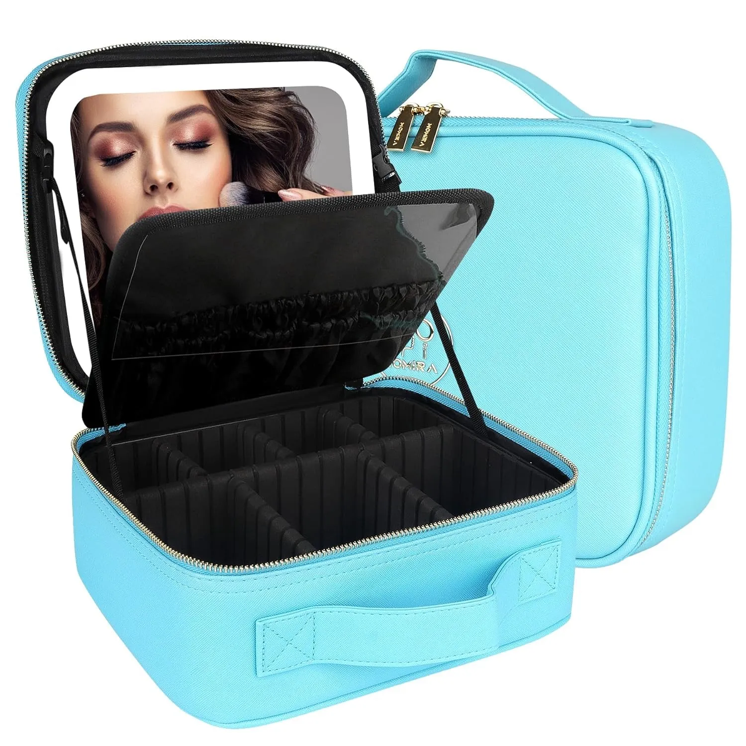 Makeup Bag with Mirror and Light Travel Makeup Train Case Cosmetic Organizer Portable Artist Storage Bag with Adjustable Dividers Makeup Brushes Storage Organizer Black
