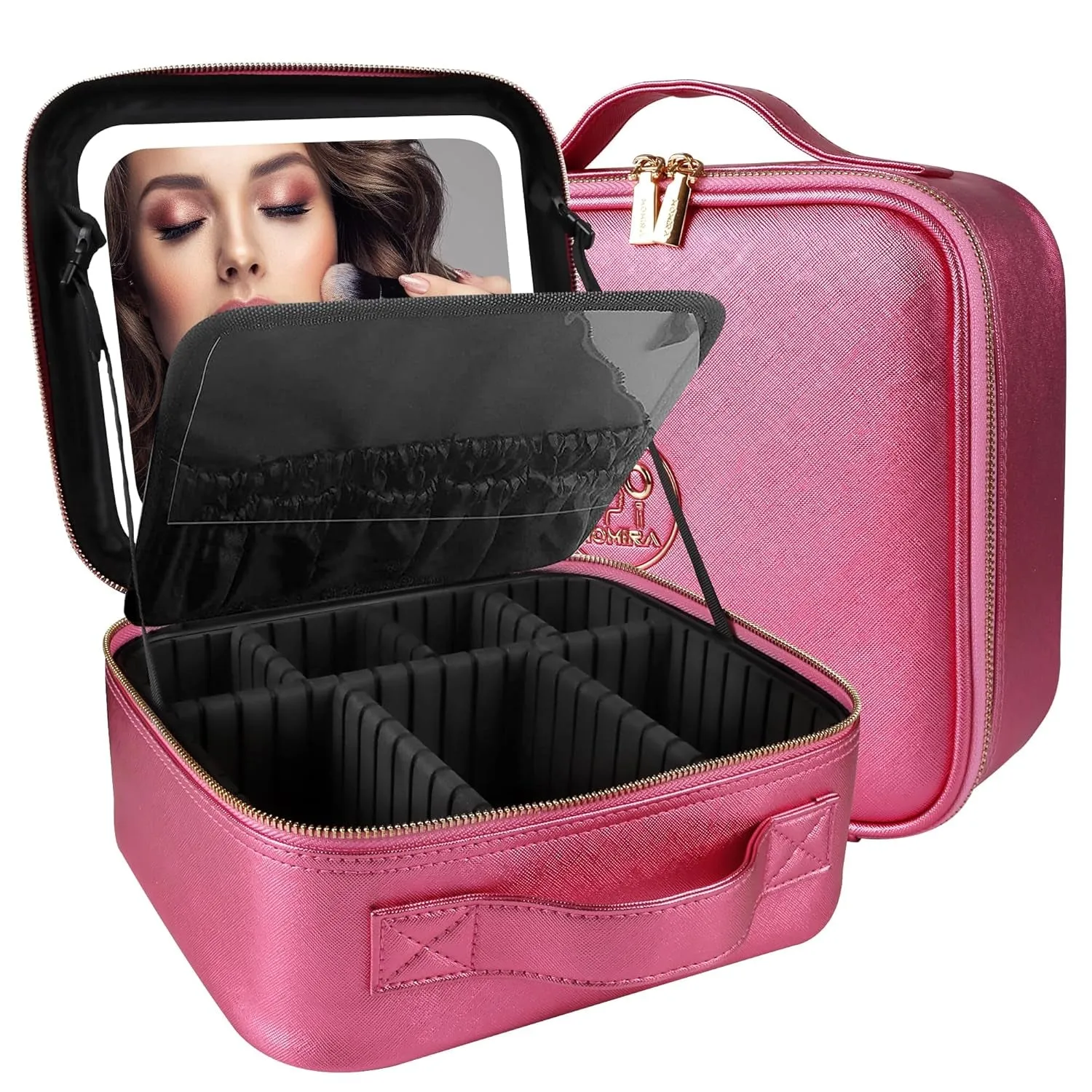 Makeup Bag with Mirror and Light Travel Makeup Train Case Cosmetic Organizer Portable Artist Storage Bag with Adjustable Dividers Makeup Brushes Storage Organizer Black