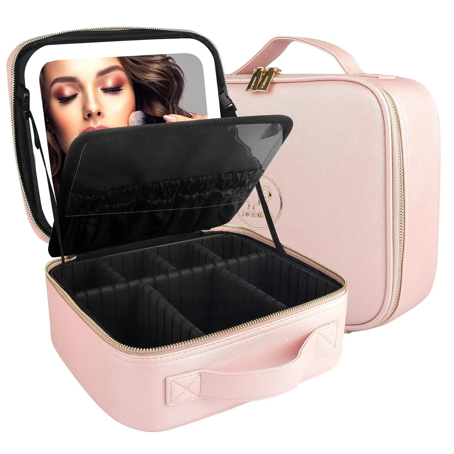 Makeup Bag with Mirror and Light Travel Makeup Train Case Cosmetic Organizer Portable Artist Storage Bag with Adjustable Dividers Makeup Brushes Storage Organizer Black