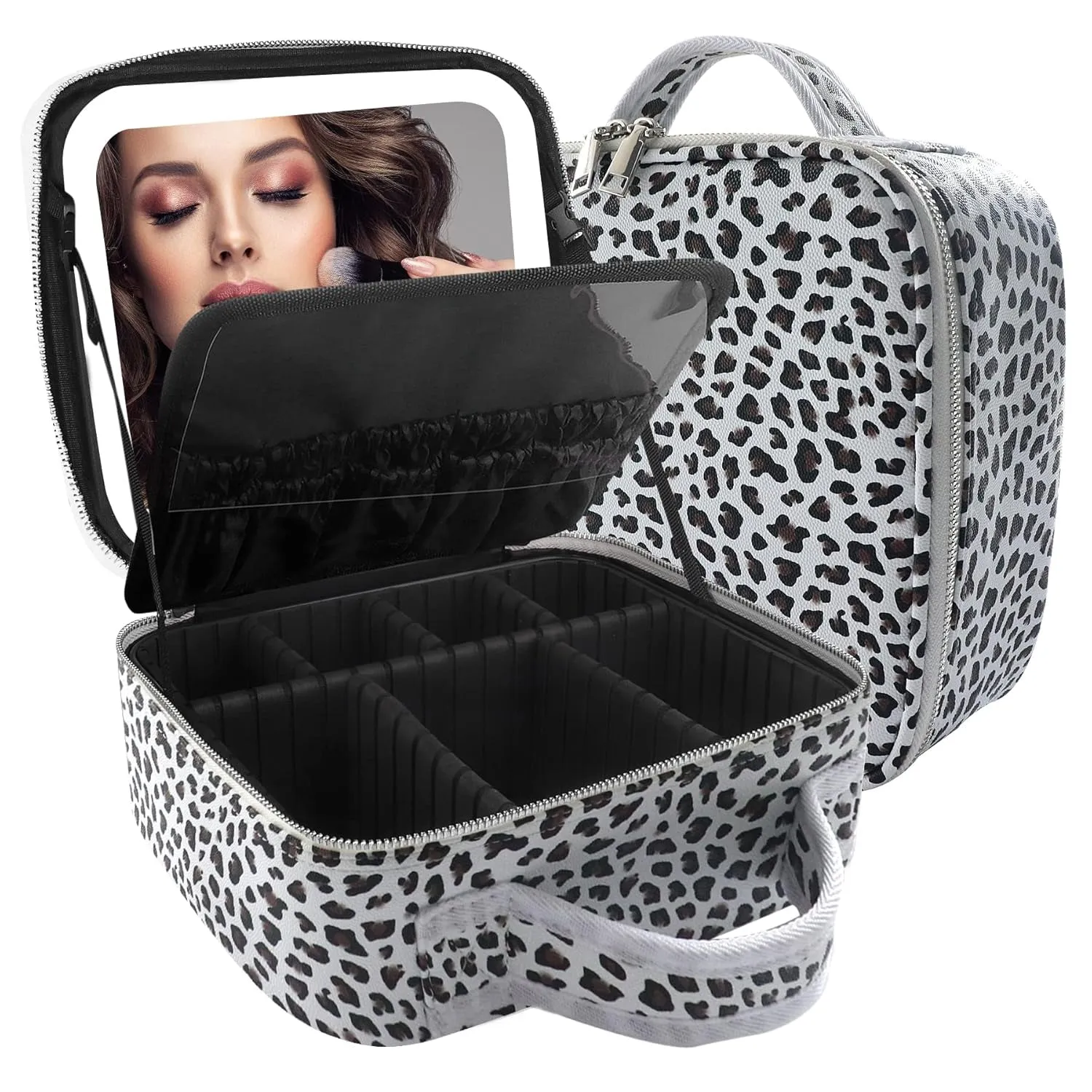 Makeup Bag with Mirror and Light Travel Makeup Train Case Cosmetic Organizer Portable Artist Storage Bag with Adjustable Dividers Makeup Brushes Storage Organizer Black