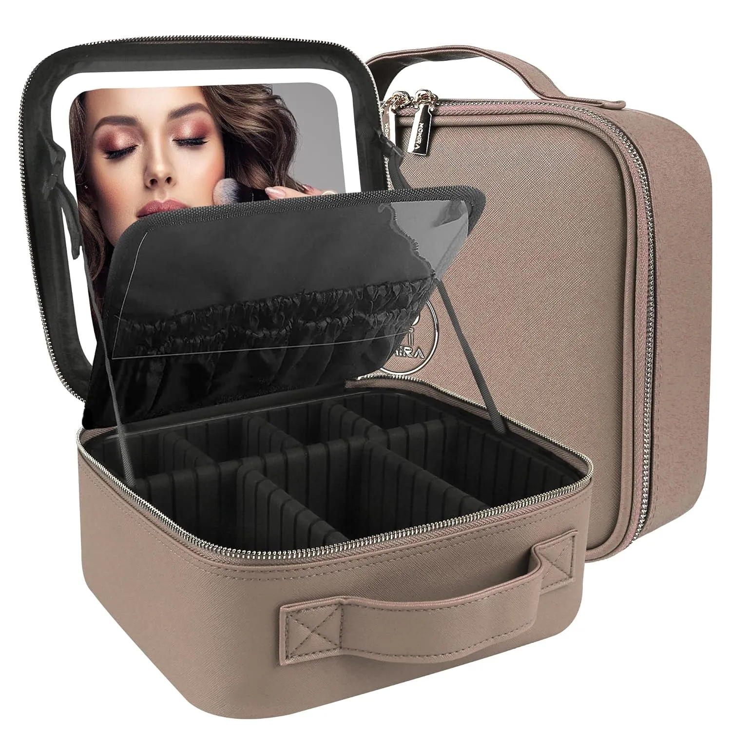 Makeup Bag with Mirror and Light Travel Makeup Train Case Cosmetic Organizer Portable Artist Storage Bag with Adjustable Dividers Makeup Brushes Storage Organizer Black