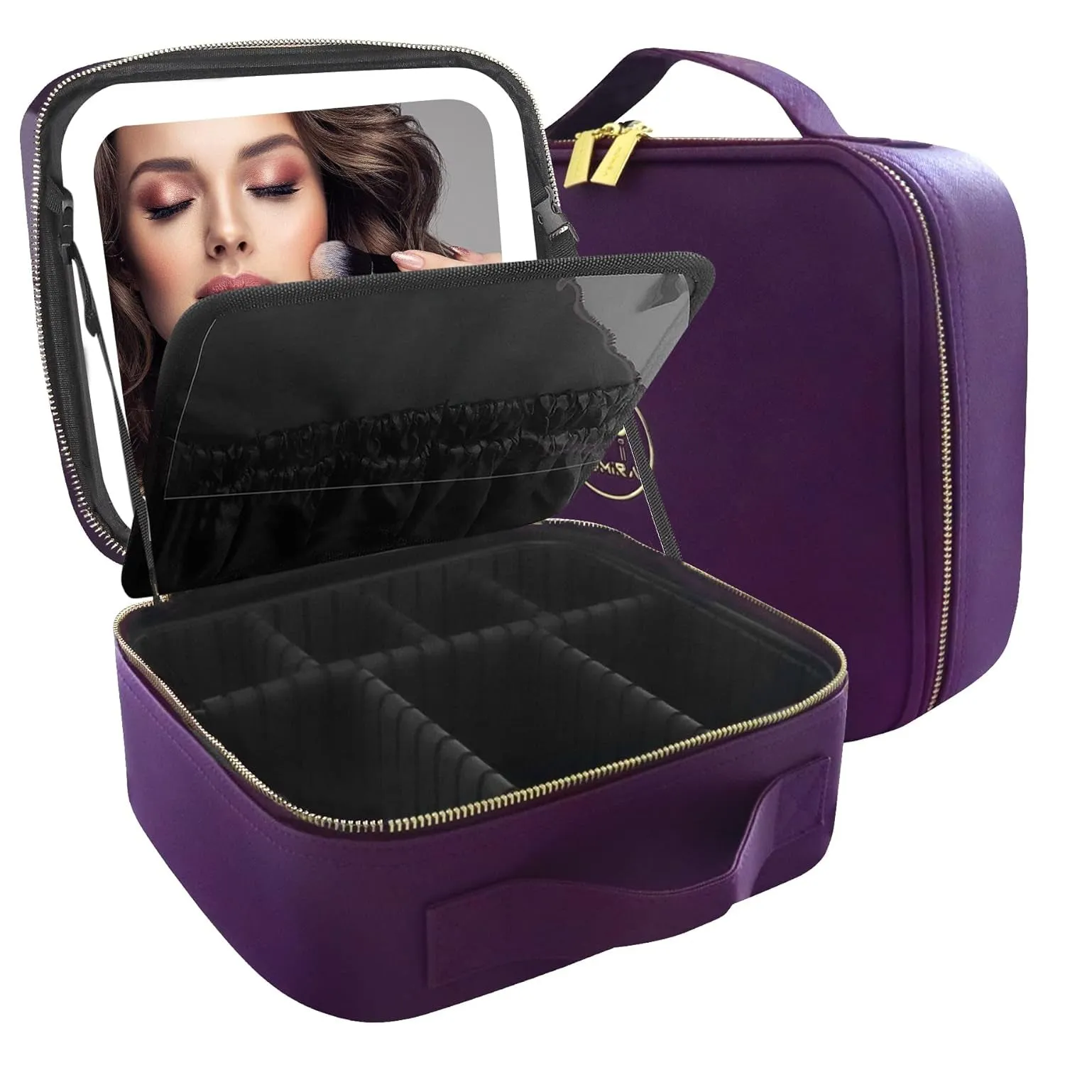 Makeup Bag with Mirror and Light Travel Makeup Train Case Cosmetic Organizer Portable Artist Storage Bag with Adjustable Dividers Makeup Brushes Storage Organizer Black